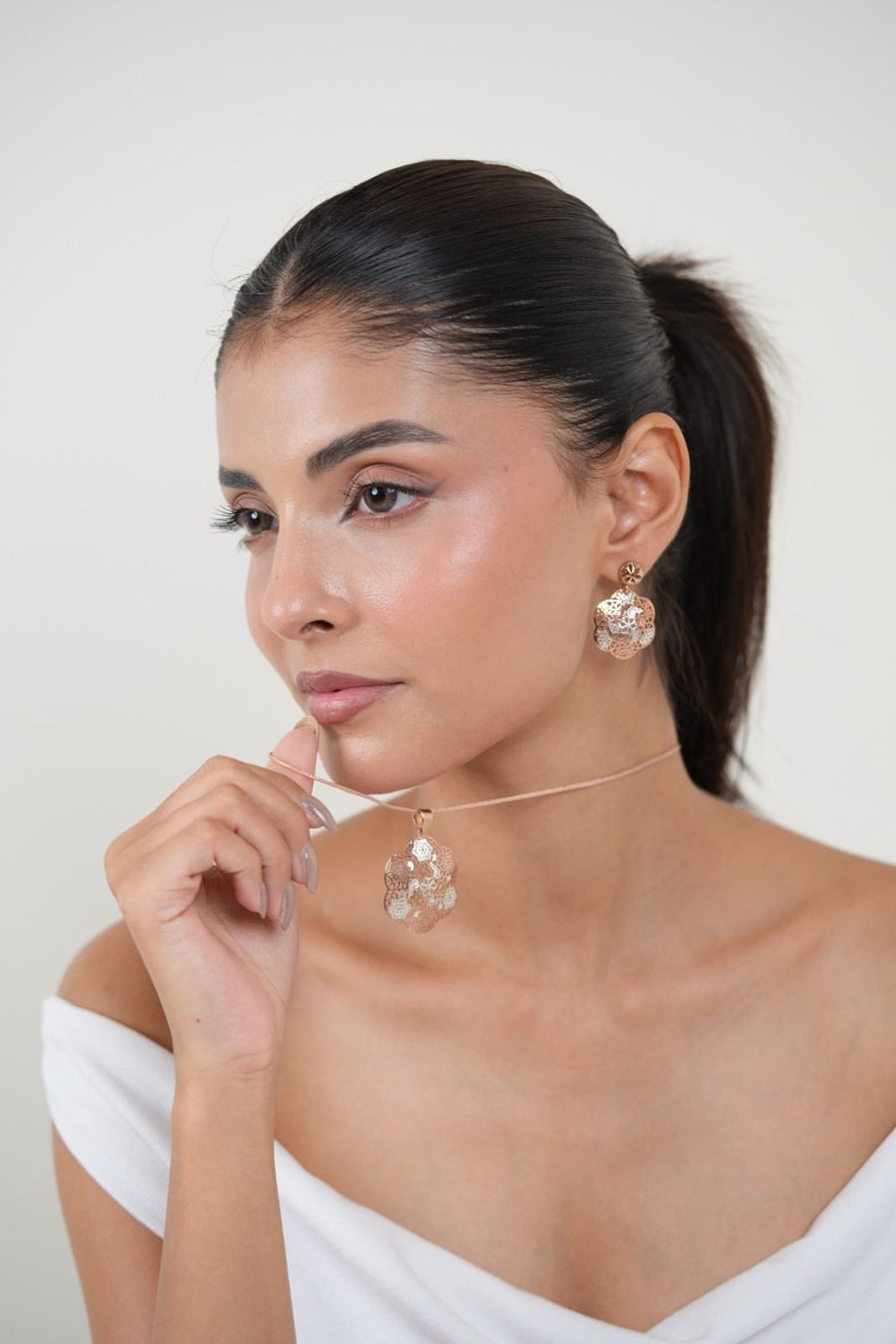 Anti-Tarnish Flower-Shaped Filigree 925 Sterling Silver Rose Gold Pendant Set with Drop Earrings (Pendant & Earrings Only)