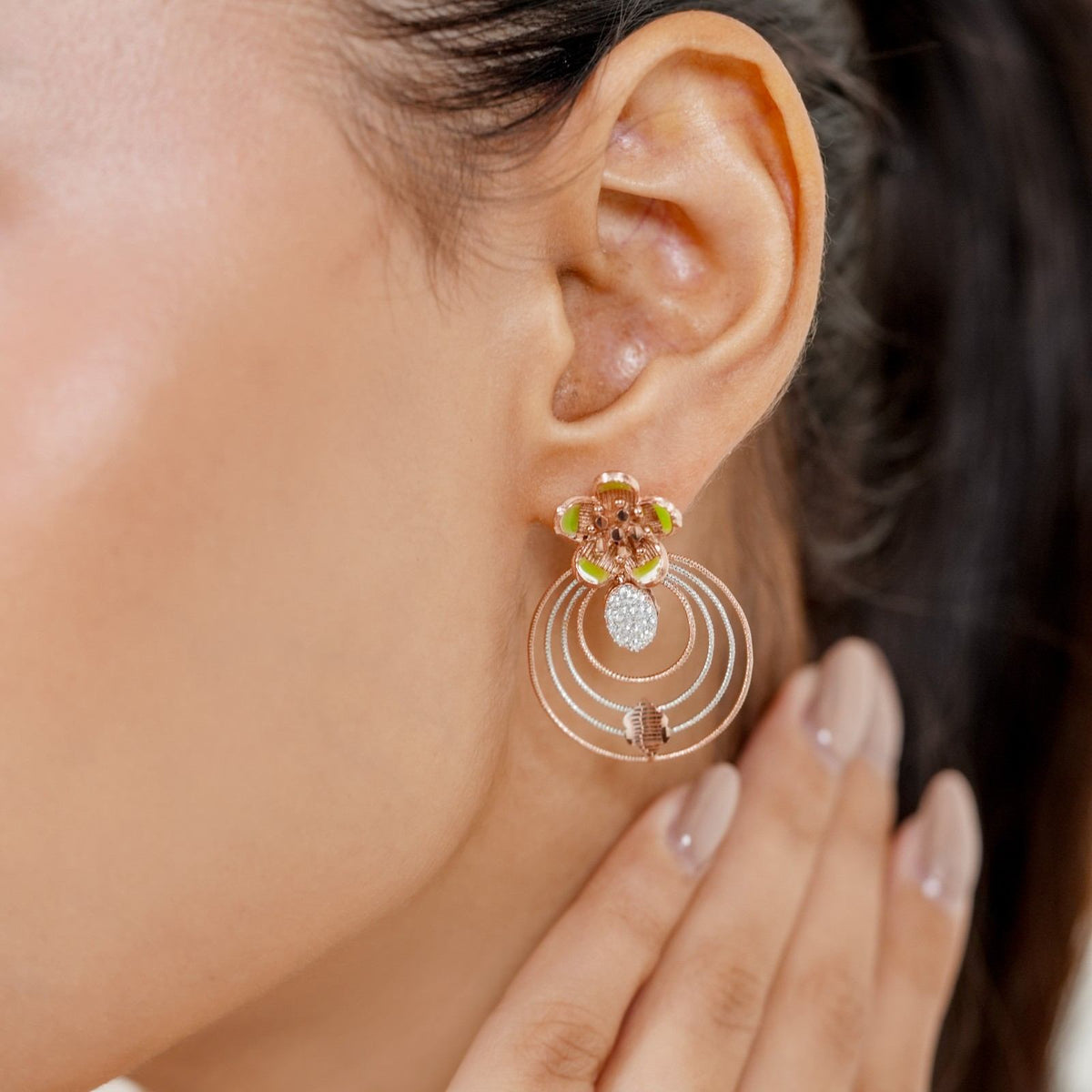 Floral Concentric Circle 925 Sterling Silver Rose Gold & Green Enamel Pendant Set with Earrings (Pendant & Earrings Only)