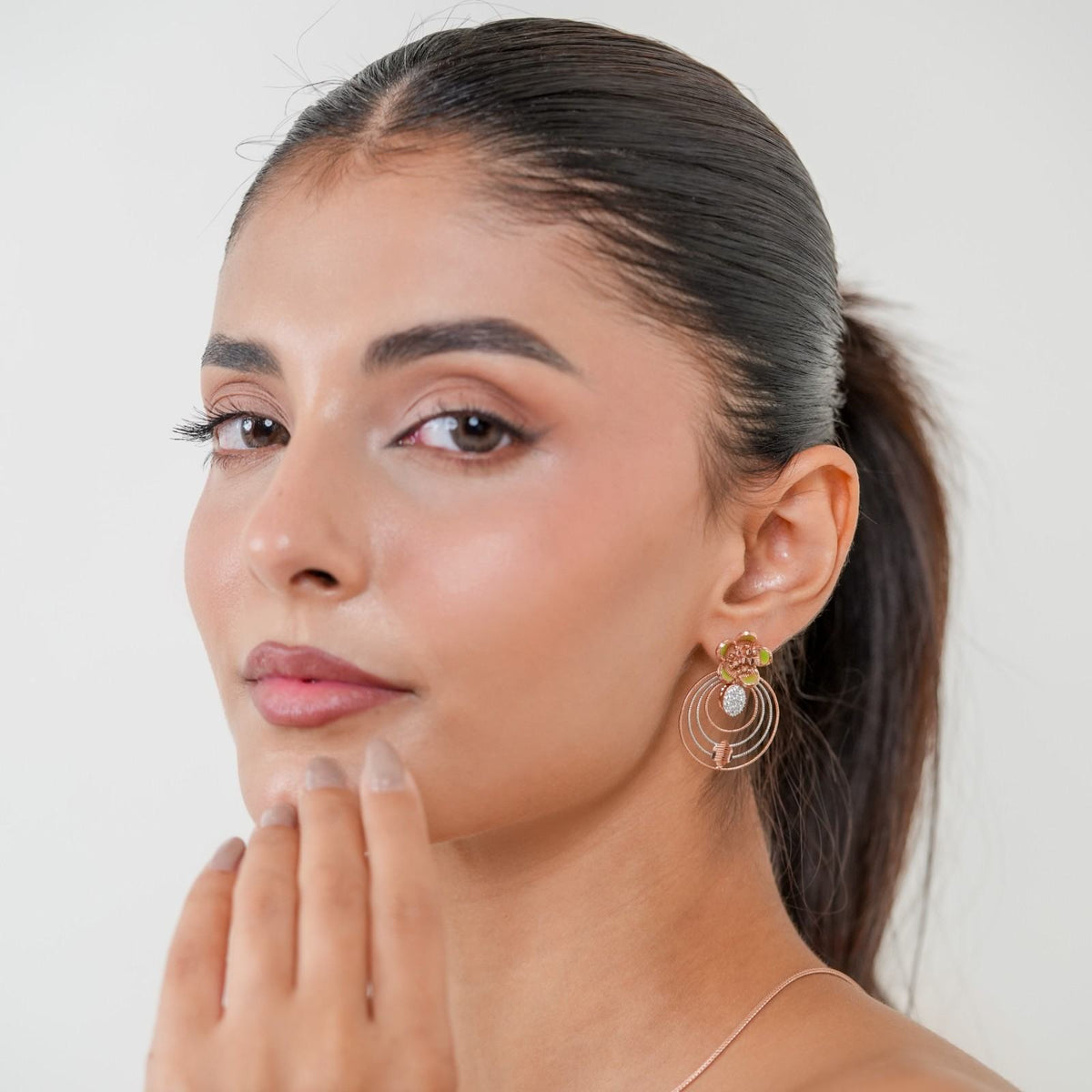 Floral Concentric Circle 925 Sterling Silver Rose Gold & Green Enamel Pendant Set with Earrings (Pendant & Earrings Only)