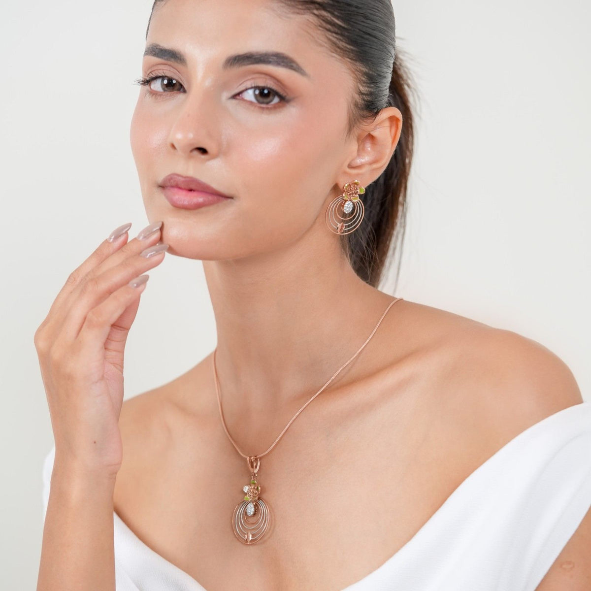 Floral Concentric Circle 925 Sterling Silver Rose Gold & Green Enamel Pendant Set with Earrings (Pendant & Earrings Only)