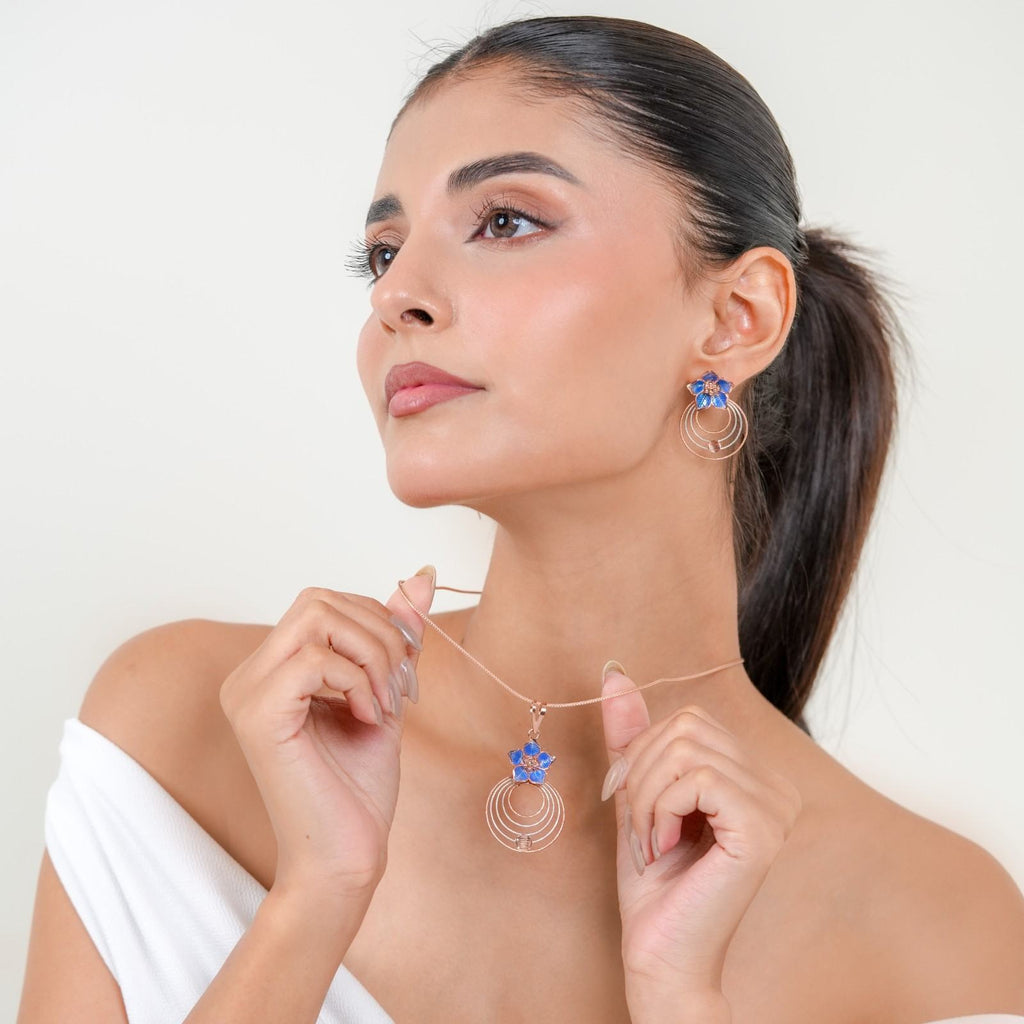 Anti-Tarnish Floral Concentric Circle 925 Sterling Silver Rose Gold & Blue Enamel Pendant Set with Earrings (Pendant & Earrings Only)