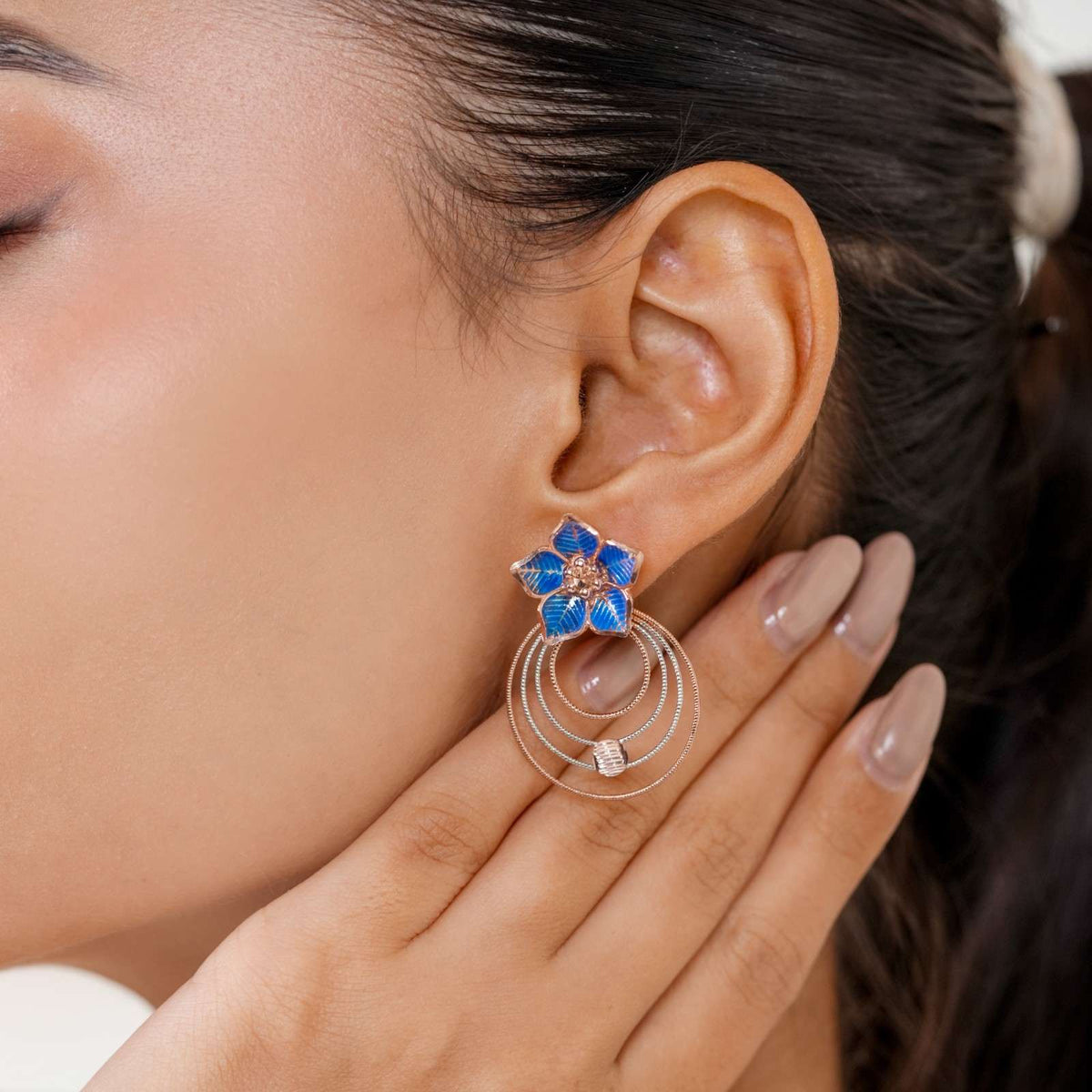 Anti-Tarnish Floral Concentric Circle 925 Sterling Silver Rose Gold & Blue Enamel Pendant Set with Earrings (Pendant & Earrings Only)