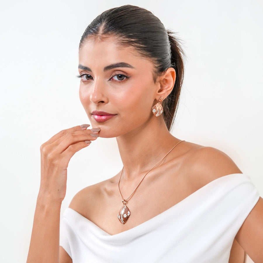 Anti-Tarnish Vintage Floral Filigree 925 Sterling Silver Rose Gold Pendant Set with Drop Earrings (Pendant & Earrings Only)