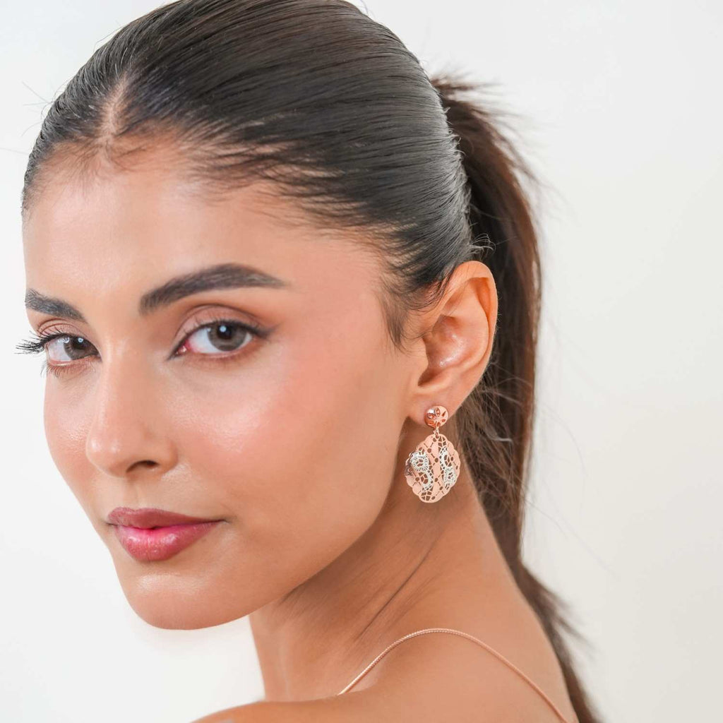 Anti-Tarnish Round Scalloped Filigree 925 Sterling Silver Rose Gold Pendant Set with Drop Earrings (Pendant & Earrings Only)