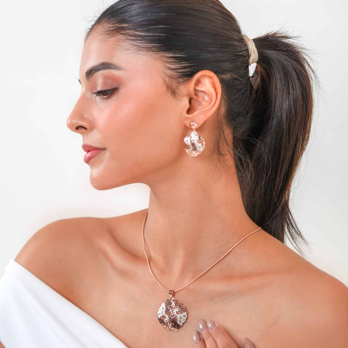 Anti-Tarnish Round Scalloped Filigree 925 Sterling Silver Rose Gold Pendant Set with Drop Earrings (Pendant & Earrings Only)
