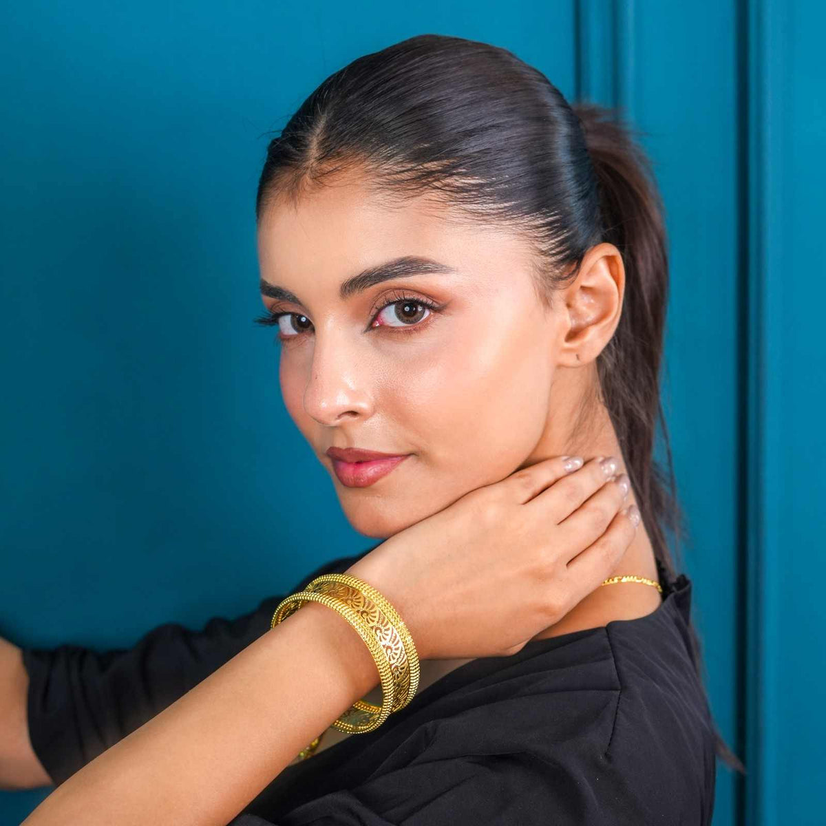 Traditional Gold-Plated Openwork Floral Kada Bangles for Women