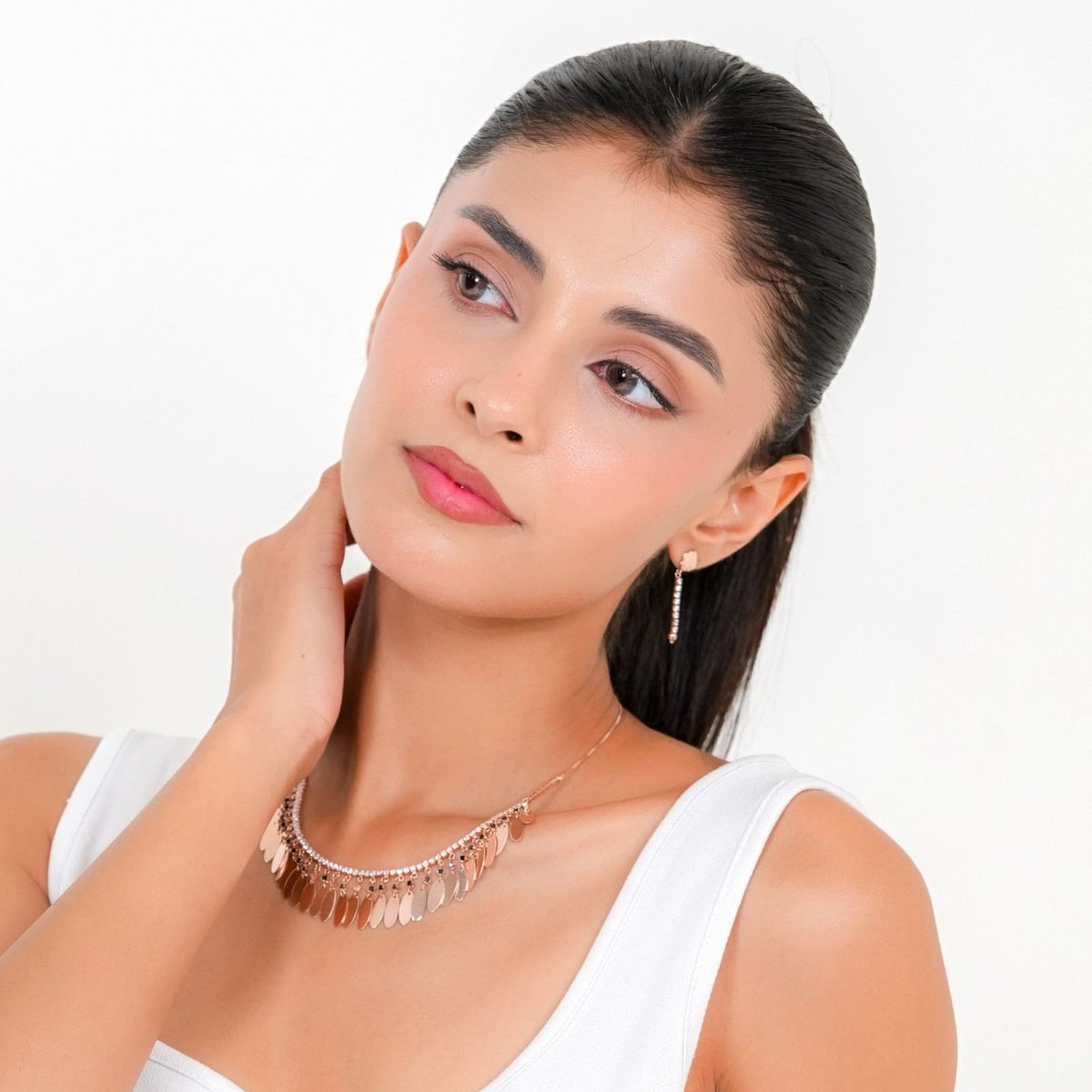 Glamorous 925 Sterling Silver Rose Gold CZ & Black Stone Fringe Necklace Set with Drop Earrings