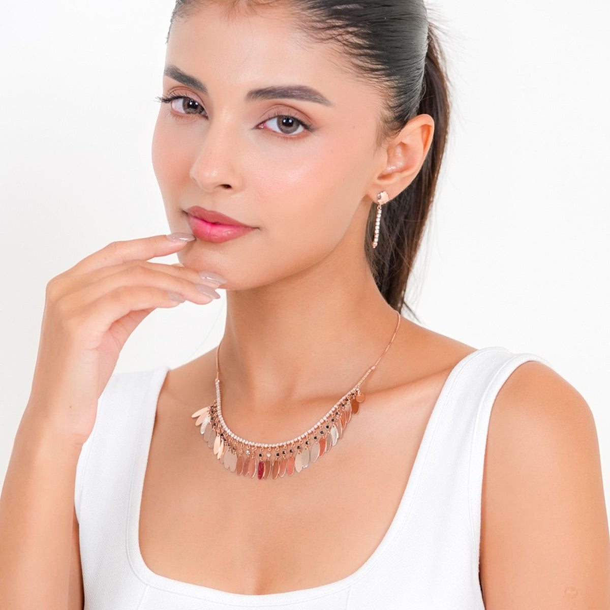 Glamorous 925 Sterling Silver Rose Gold CZ & Black Stone Fringe Necklace Set with Drop Earrings