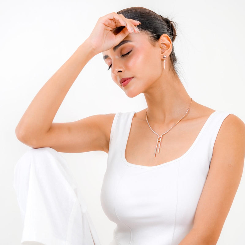 Dazzling 925 Sterling Silver Rose Gold CZ Lariat Y-Necklace Set with Linear Drop Earrings