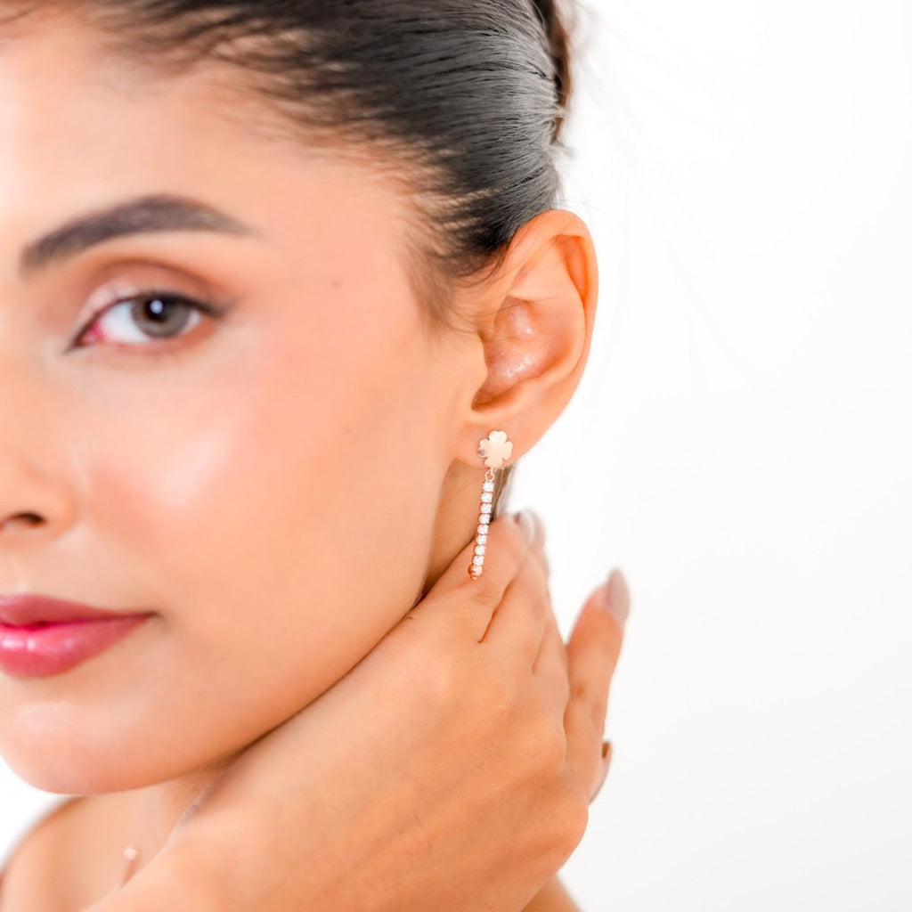 Dazzling 925 Sterling Silver Rose Gold CZ Lariat Y-Necklace Set with Linear Drop Earrings
