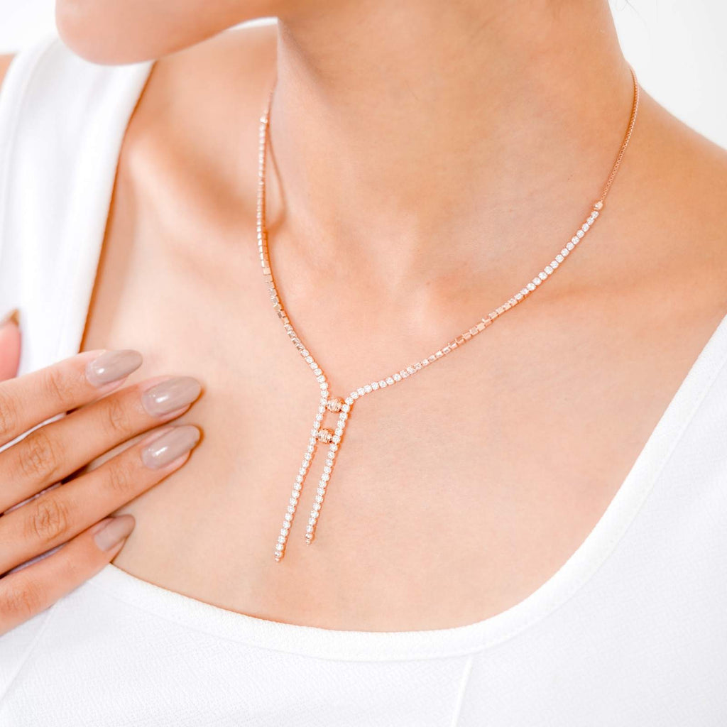 Dazzling 925 Sterling Silver Rose Gold CZ Lariat Y-Necklace Set with Linear Drop Earrings
