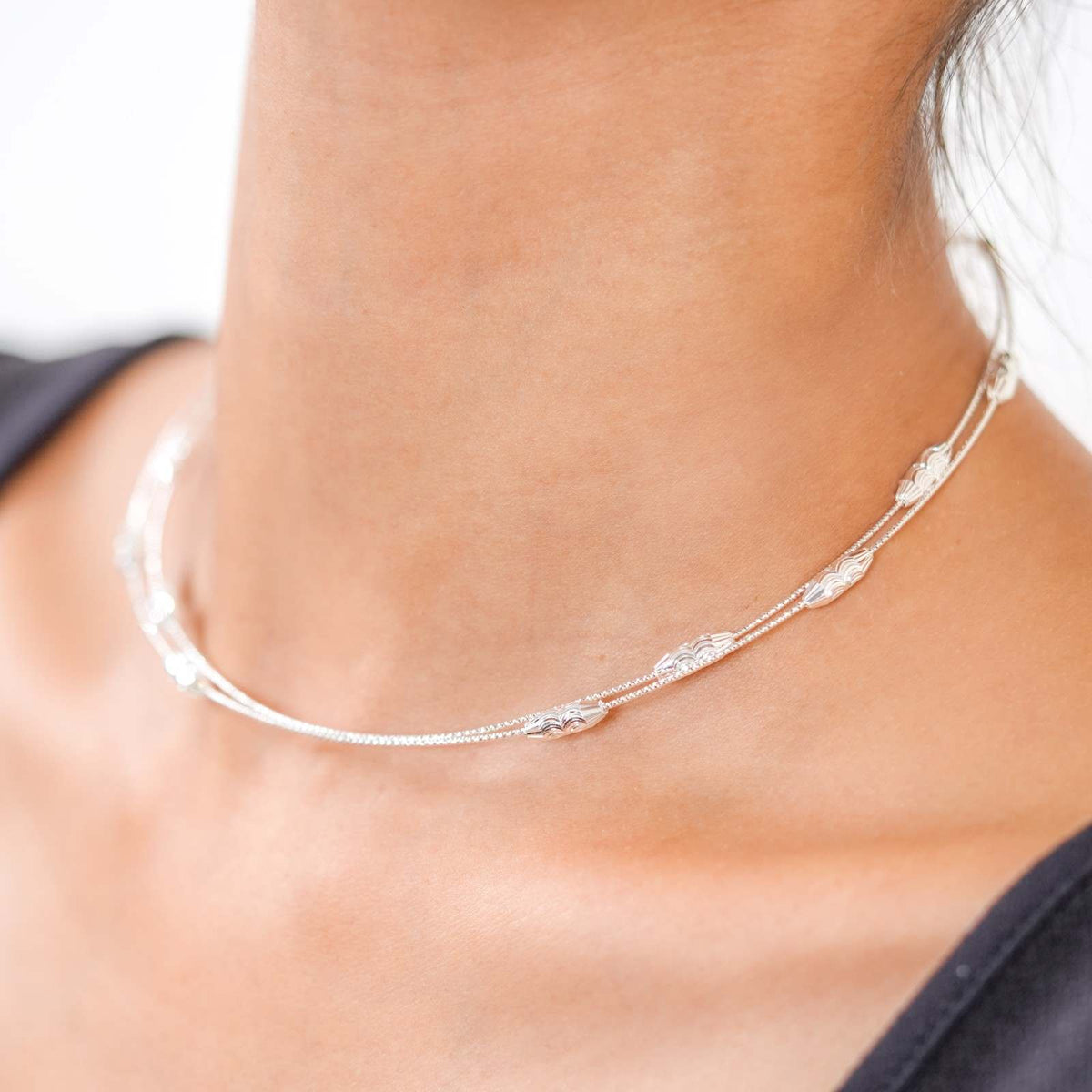 Delicate 925 Silver Layered Cable Chain with Diamond-Cut Metallic Beads