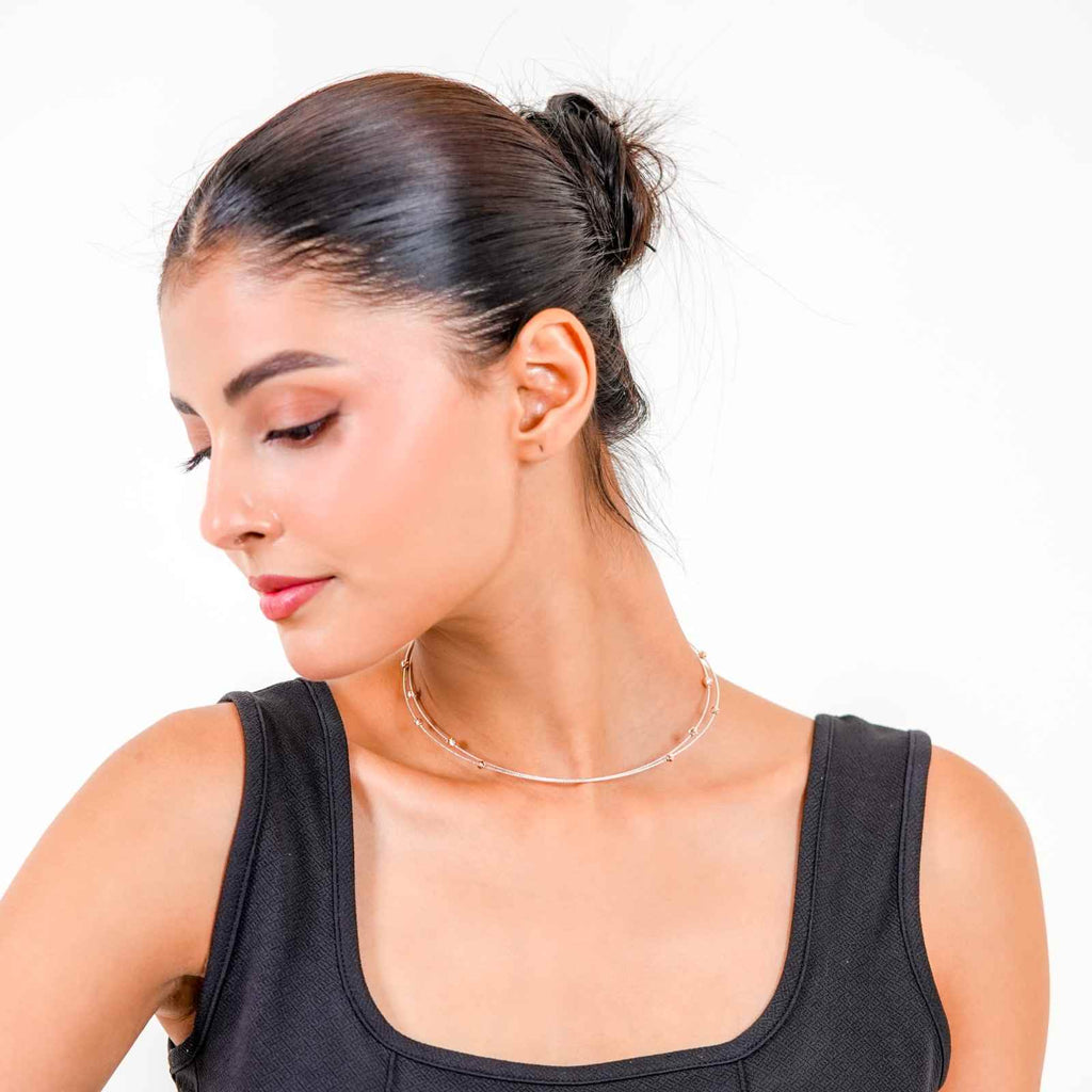 Delicate 925 Silver Layered Cable Chain with Rose Gold Beaded Accents
