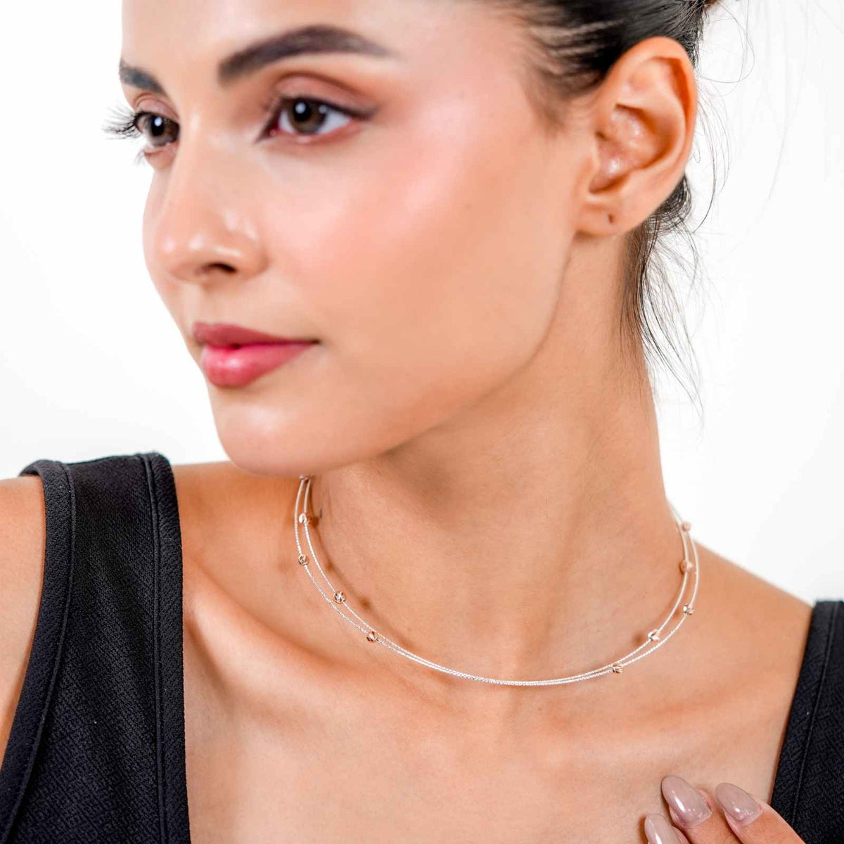 Delicate 925 Silver Layered Cable Chain with Rose Gold Beaded Accents