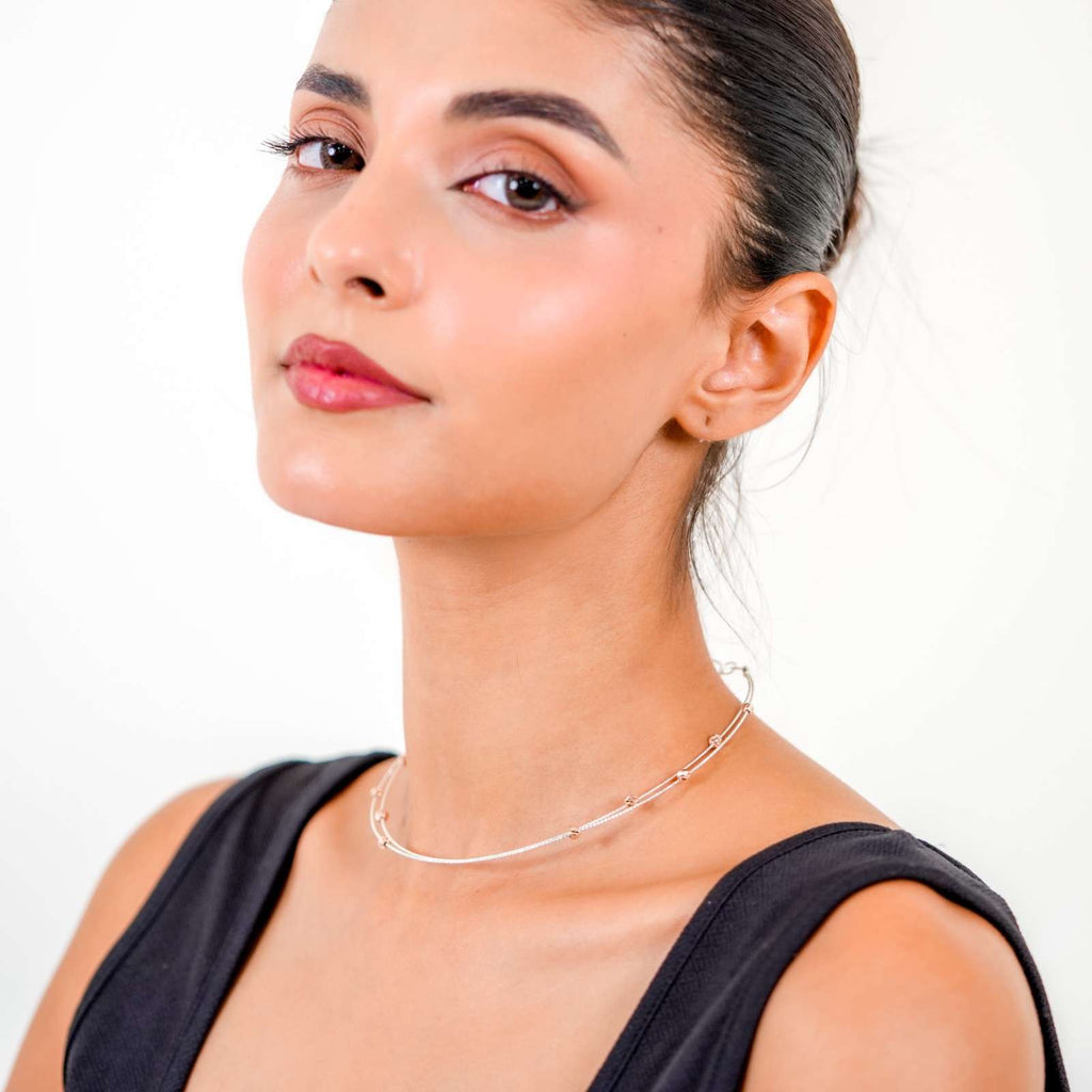 Delicate 925 Silver Layered Cable Chain with Rose Gold Beaded Accents