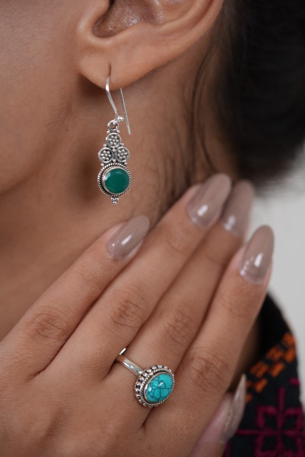 Handcrafted 925 Silver Green Gemstone Tiered Drop Earrings