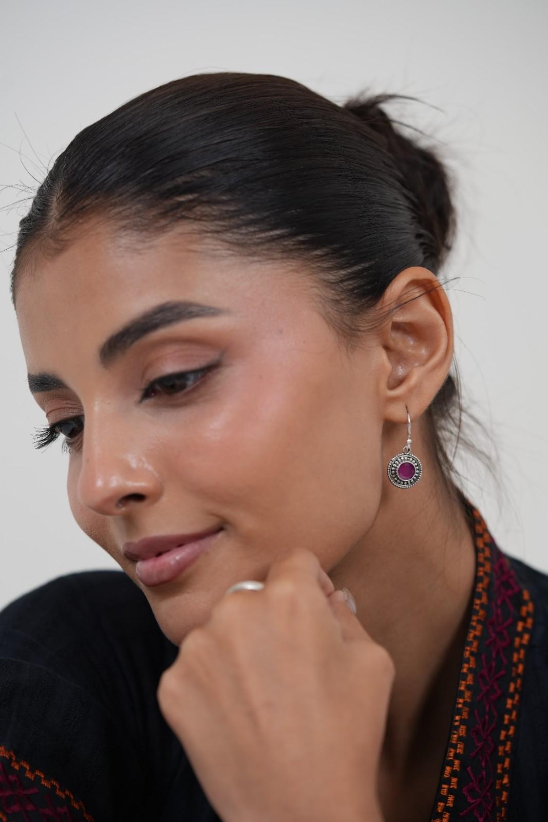 Antique Oxidised 925 Sterling Silver Circular Magenta Gemstone Drop Earrings