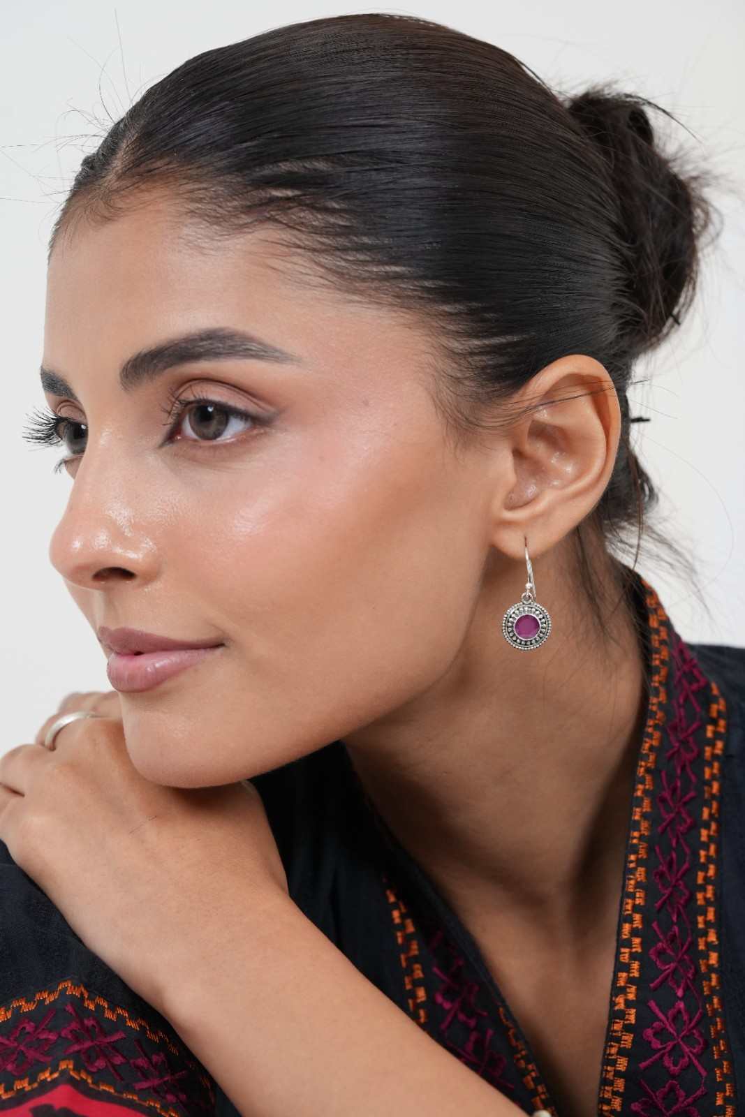 Antique Oxidised 925 Sterling Silver Circular Magenta Gemstone Drop Earrings