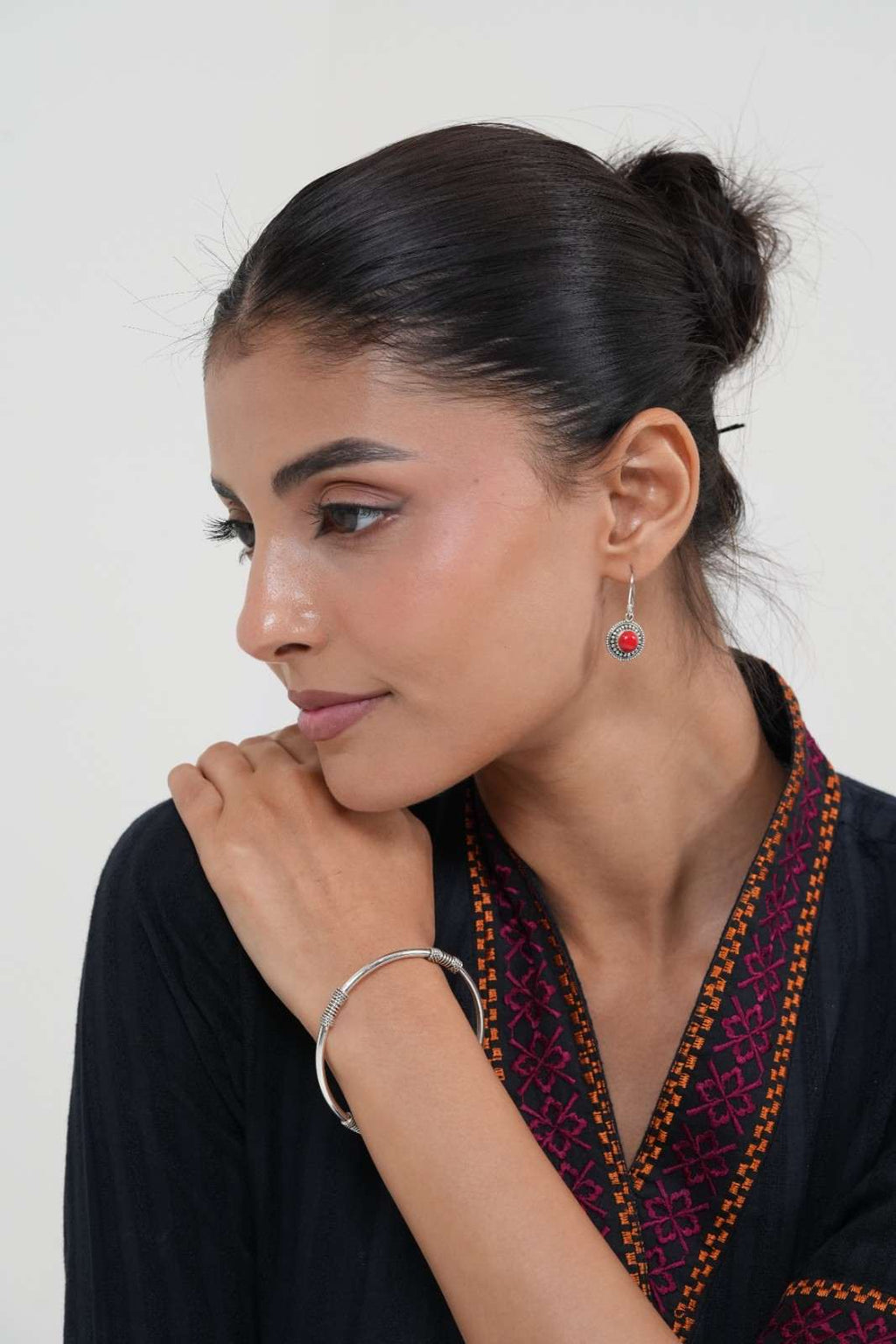 Handcrafted 925 Silver Red Gemstone Circular Drop Earrings