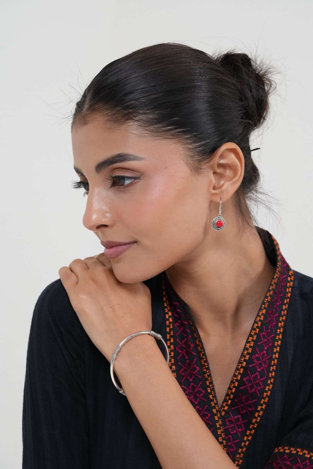 Handcrafted 925 Silver Red Gemstone Circular Drop Earrings