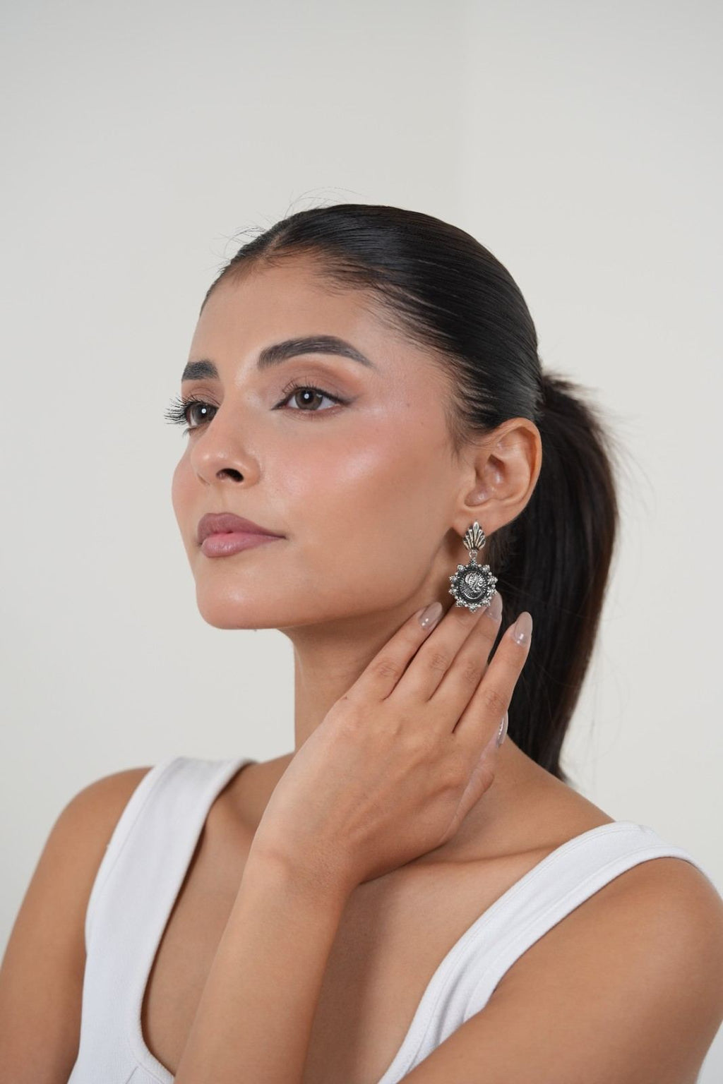 Handcrafted 925 Silver Shell Top Ganesha Embossed Floral Drop Earrings