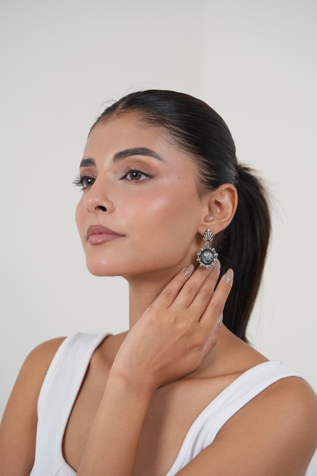Handcrafted 925 Silver Shell Top Ganesha Embossed Floral Drop Earrings