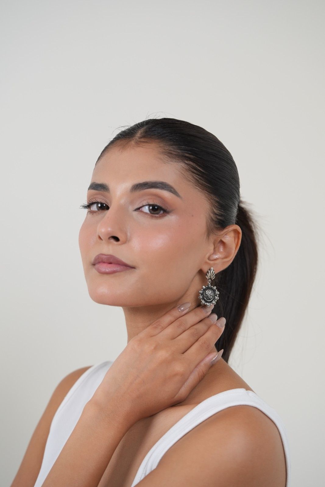 Handcrafted 925 Silver Shell Top Ganesha Embossed Floral Drop Earrings