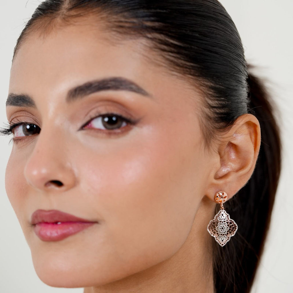 Anti-Tarnish Vintage Filigree 925 Sterling Silver Rose Gold Pendant Set with Drop Earrings (Pendant & Earrings Only)