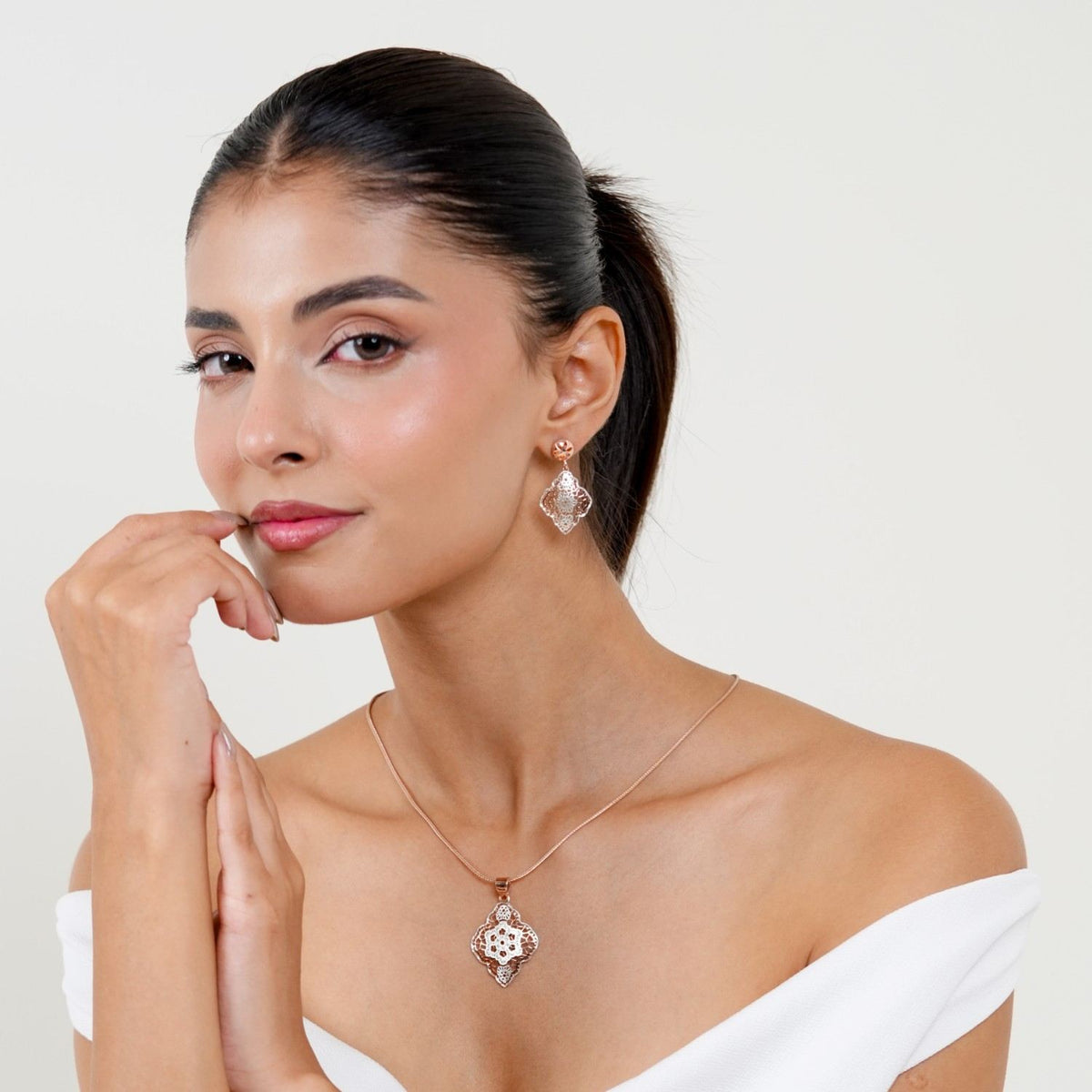 Anti-Tarnish Vintage Filigree 925 Sterling Silver Rose Gold Pendant Set with Drop Earrings (Pendant & Earrings Only)