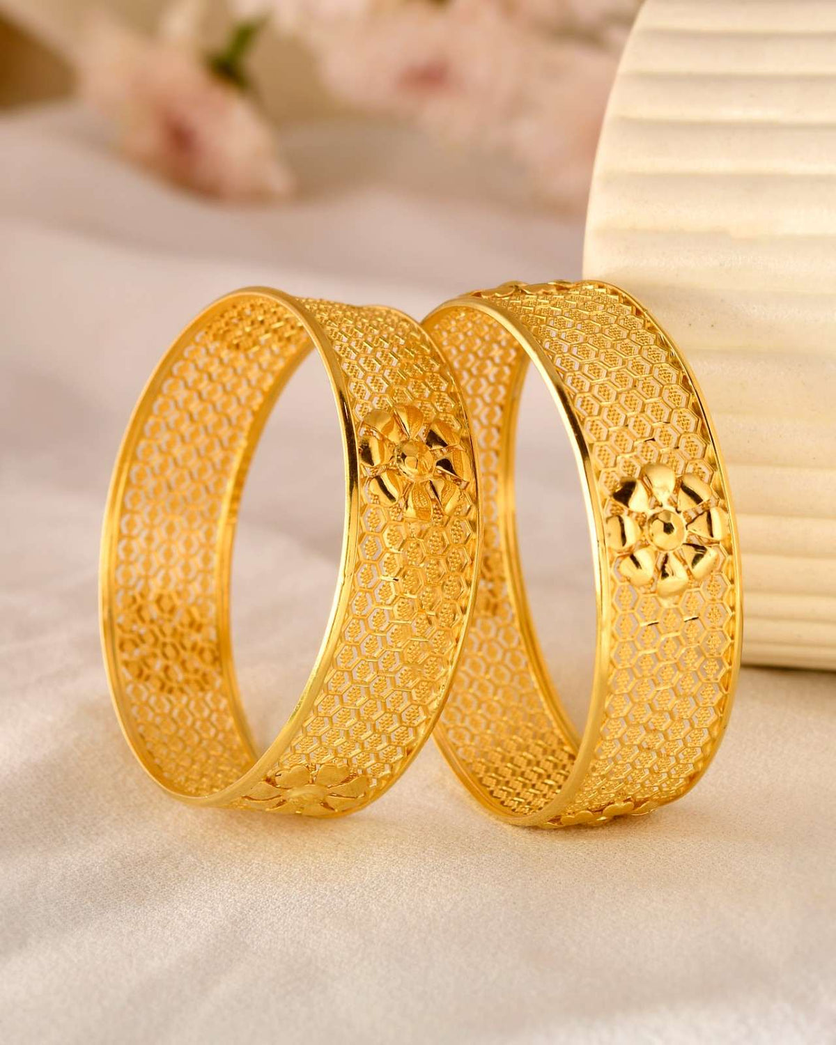Traditional Frosted & Glossy Spiral Gold-Tone Kada Bangles for Women