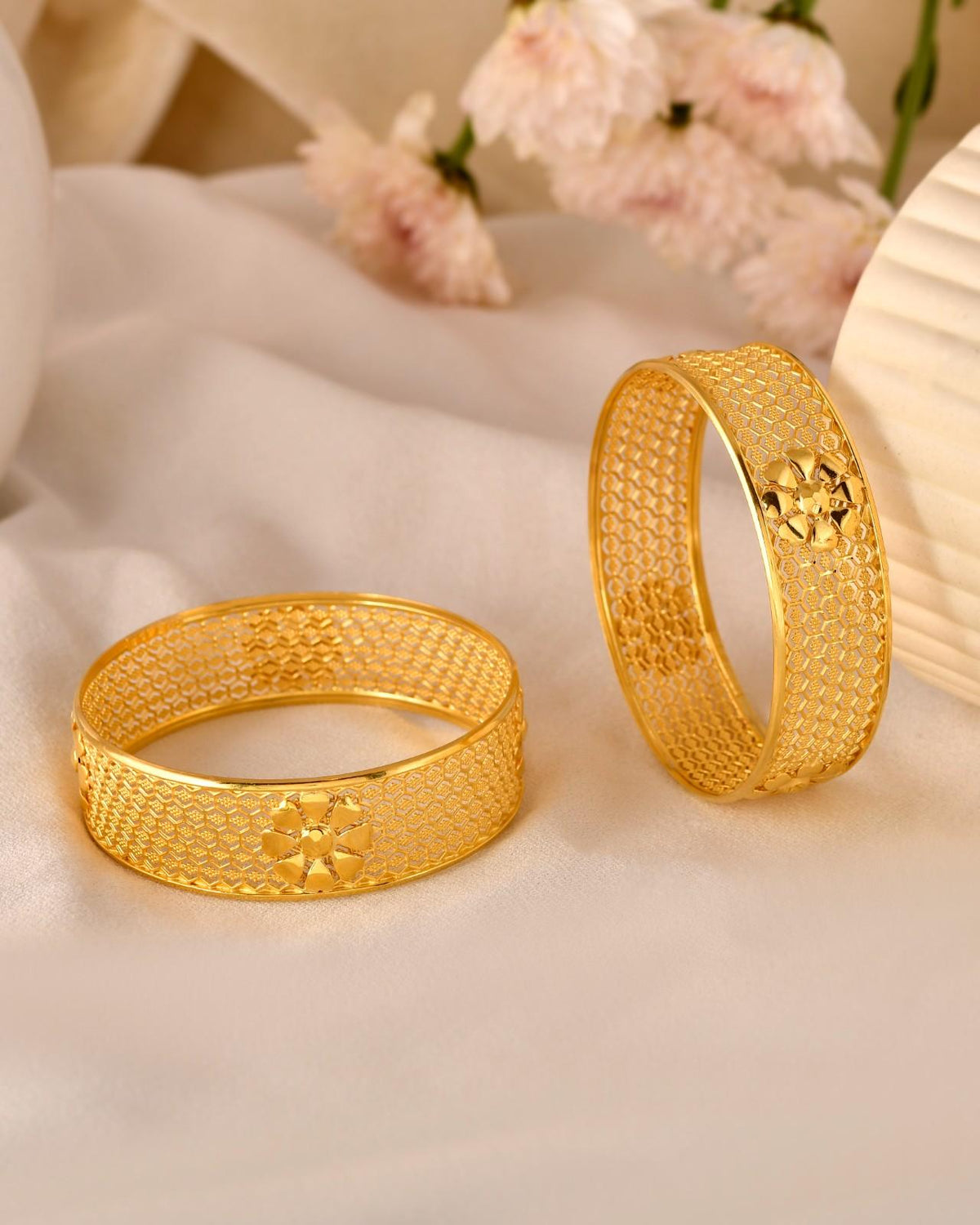 Traditional Frosted & Glossy Spiral Gold-Tone Kada Bangles for Women