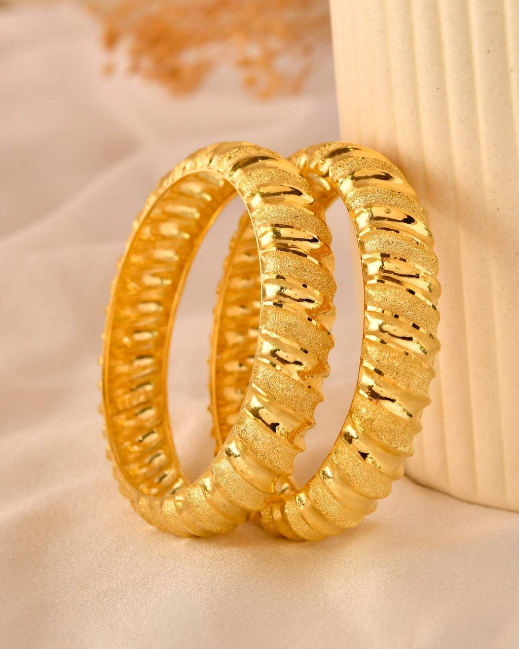 Traditional Openwork Paisley/Peacock Wave Gold-Tone Bangle Pair for Women