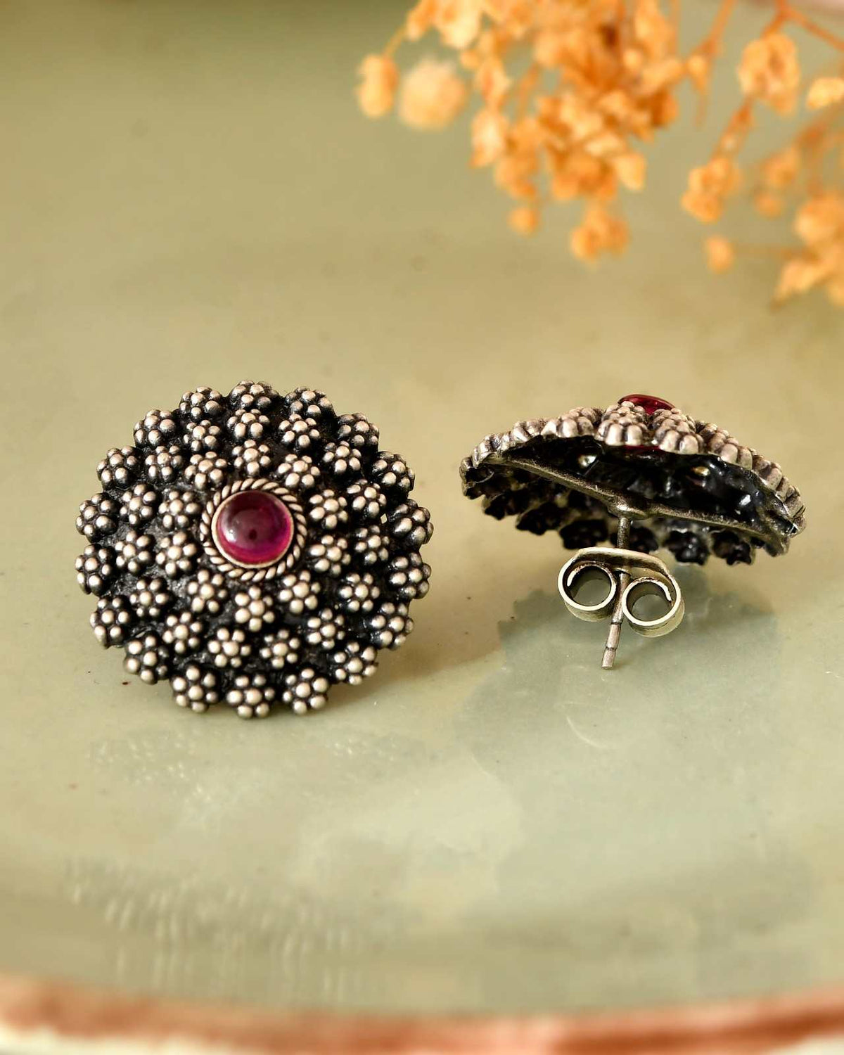 Handcrafted 925 Silver Pink Gemstone Floral Granulated Stud Earrings