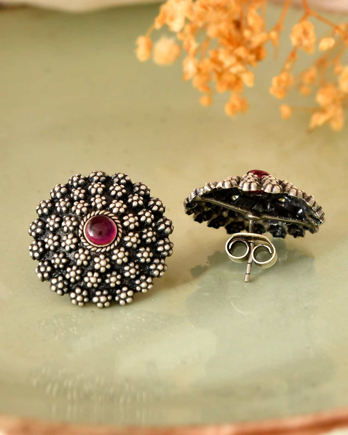 Handcrafted 925 Silver Pink Gemstone Floral Granulated Stud Earrings
