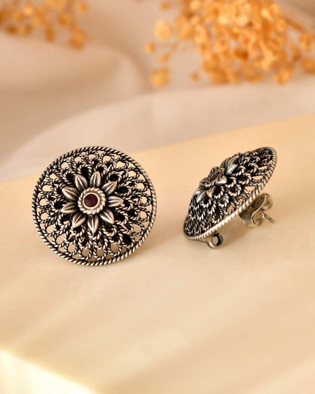Handcrafted 925 Silver Pink Stone Filigree Floral Stud Earrings