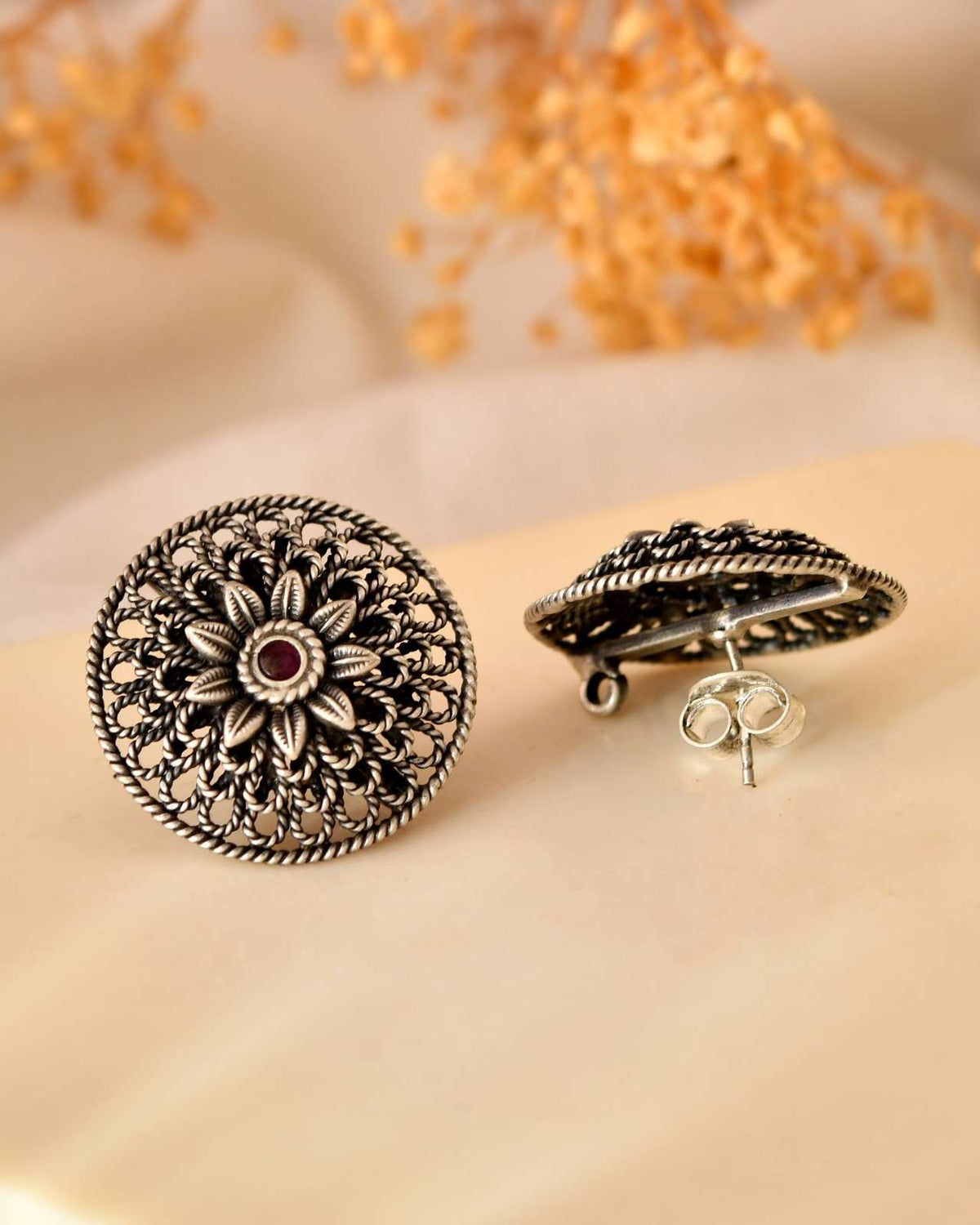 Handcrafted 925 Silver Pink Stone Filigree Floral Stud Earrings