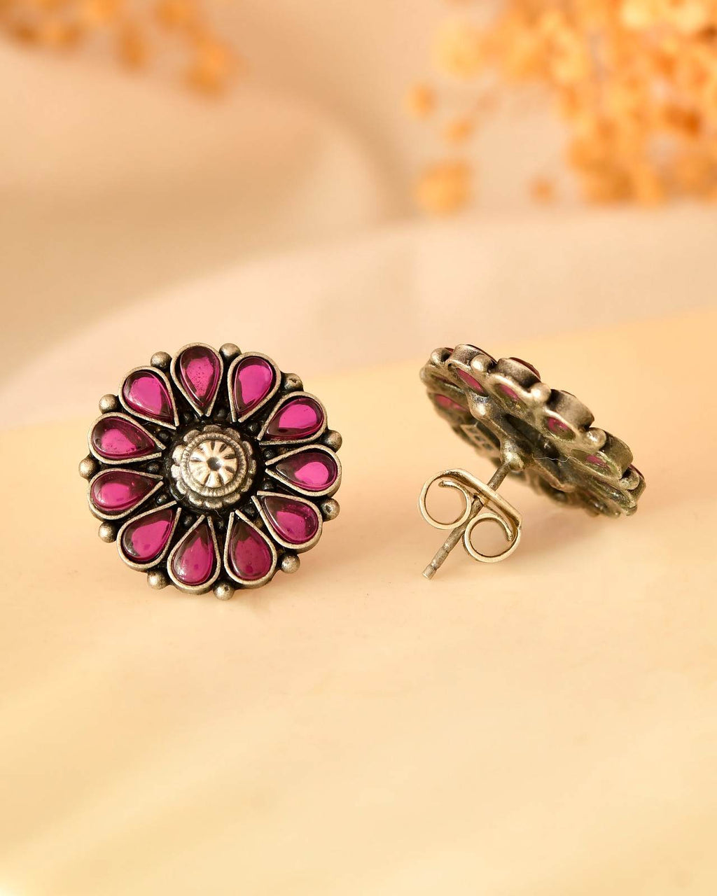 Handcrafted 925 Silver Pink Teardrop Stone Floral Stud Earrings