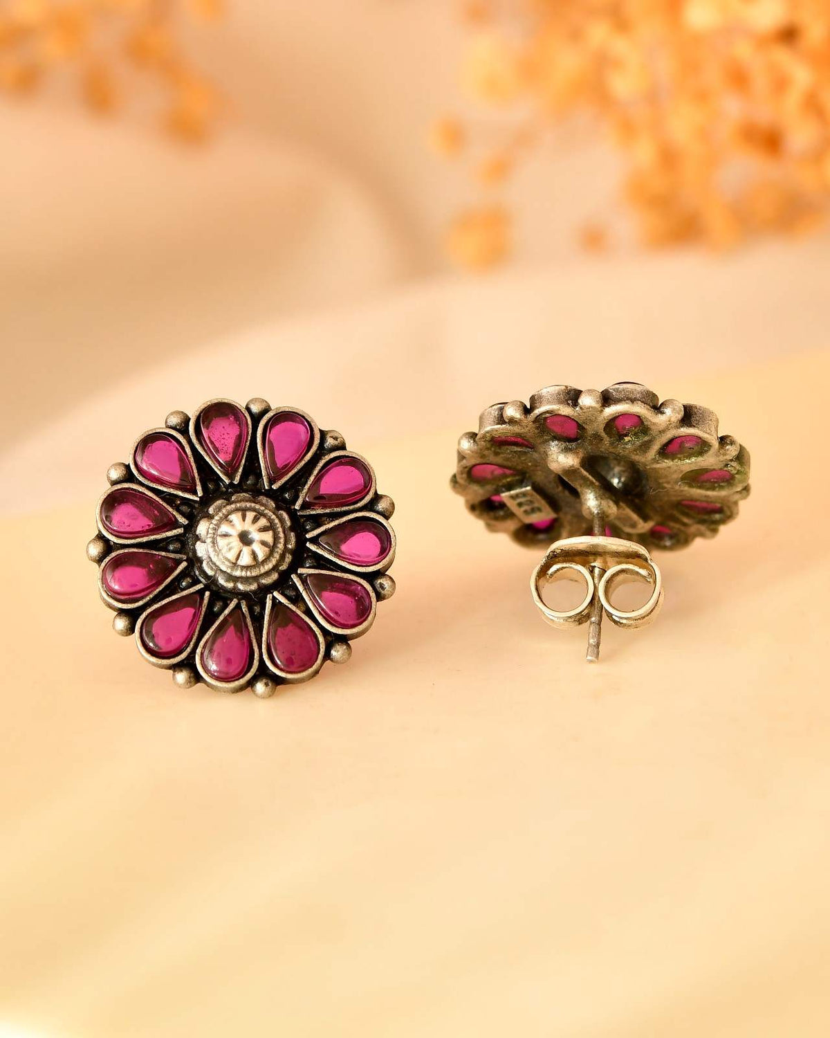 Handcrafted 925 Silver Pink Teardrop Stone Floral Stud Earrings