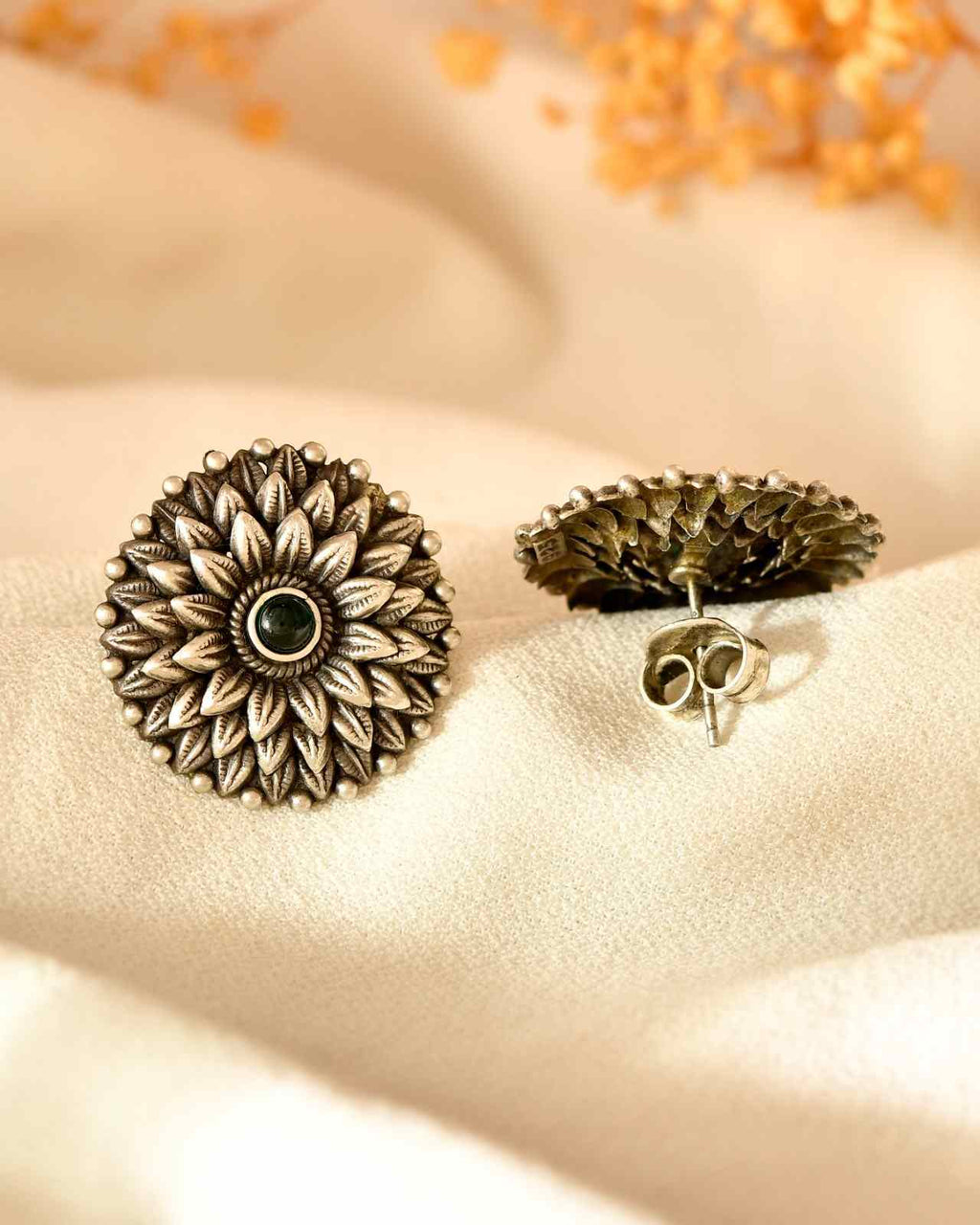 Handcrafted 925 Silver Green Stone Sunflower Stud Earrings