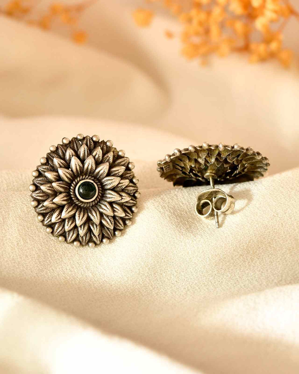 Handcrafted 925 Silver Green Stone Sunflower Stud Earrings