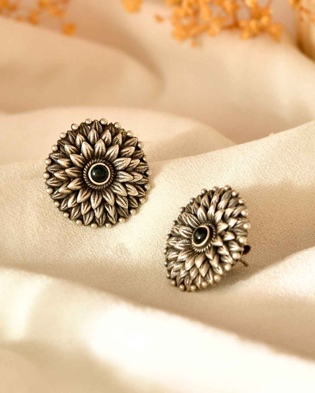 Handcrafted 925 Silver Green Stone Sunflower Stud Earrings