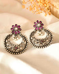 Handcrafted 925 Silver Pink Stone Floral Chandbali Earrings
