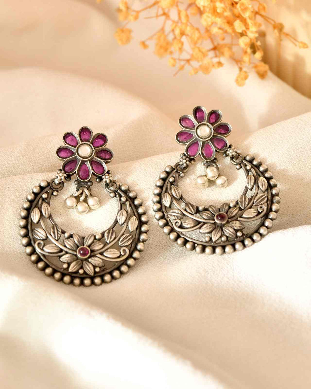 Handcrafted 925 Silver Pink Stone Floral Chandbali Earrings