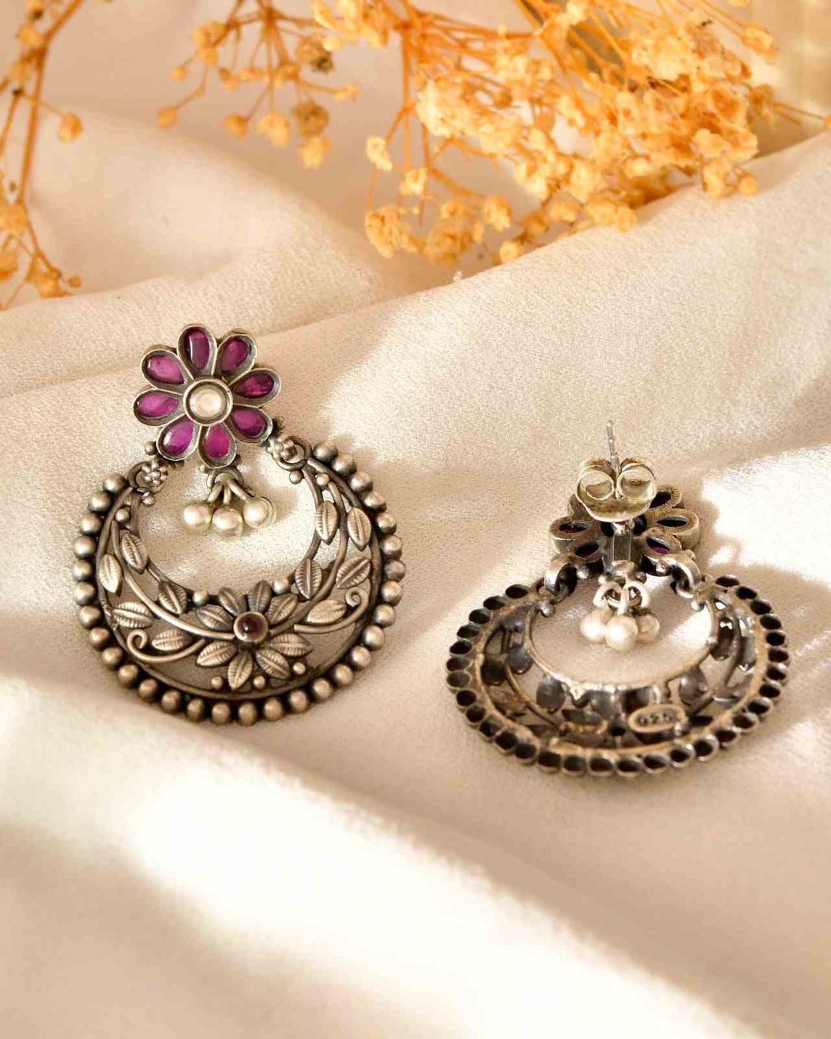 Handcrafted 925 Silver Pink Stone Floral Chandbali Earrings