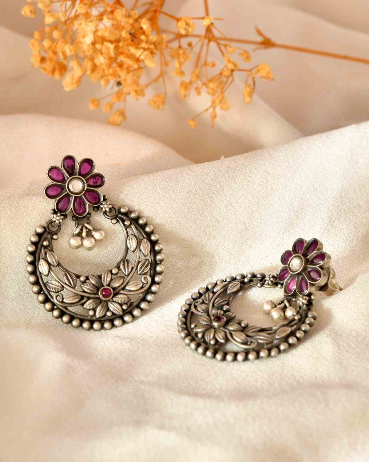 Handcrafted 925 Silver Pink Stone Floral Chandbali Earrings
