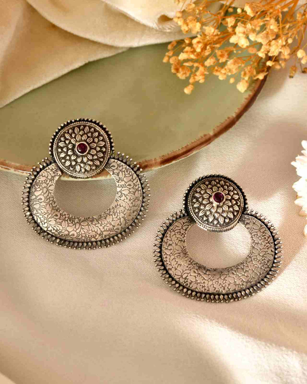 Handcrafted 925 Silver Pink Stone Floral Crescent Earrings