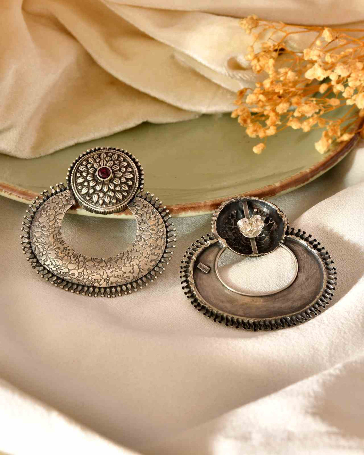 Handcrafted 925 Silver Pink Stone Floral Crescent Earrings