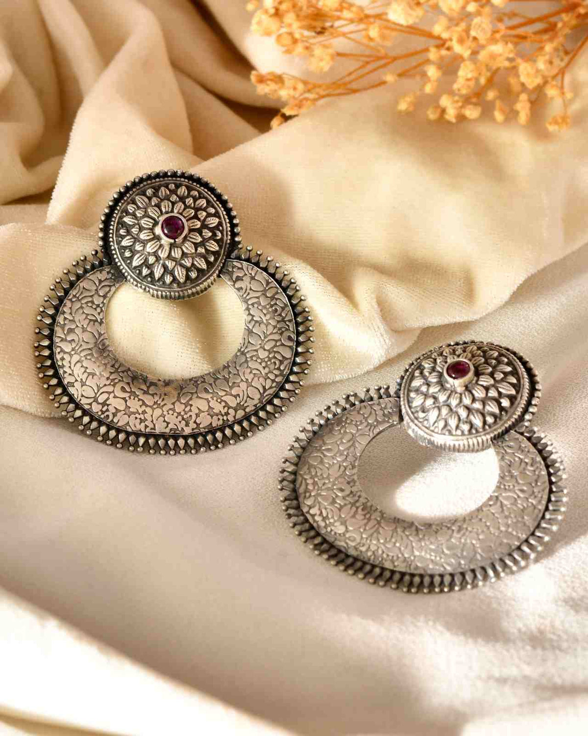 Handcrafted 925 Silver Pink Stone Floral Crescent Earrings