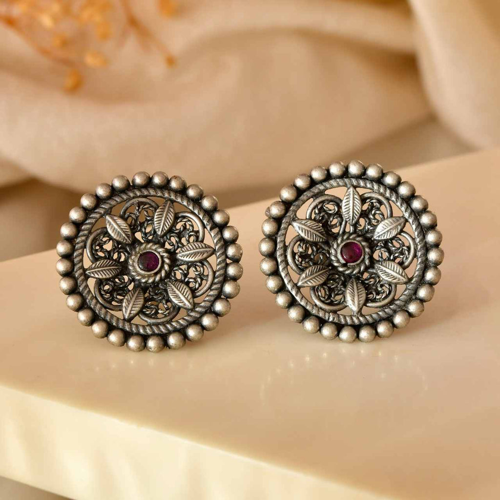 Handcrafted 925 Silver Pink Stone Filigree Beaded Stud Earrings