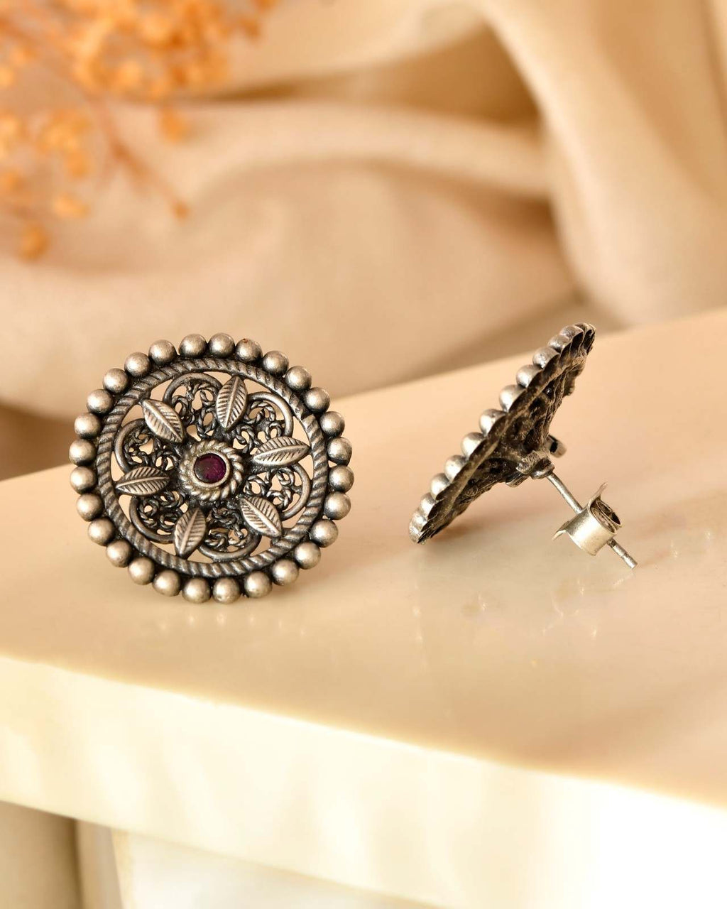 Handcrafted 925 Silver Pink Stone Filigree Beaded Stud Earrings
